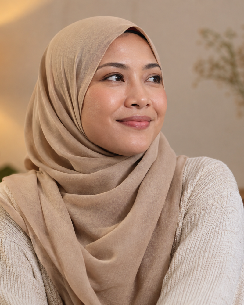 Aisyah Rahman, hijab kain pasir polos, memandang ke tepi