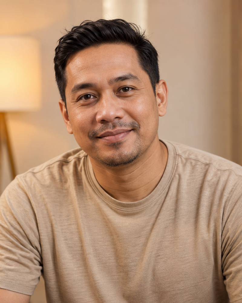 Hafiz, rambut pendek, baju pasir polos, studio hangat